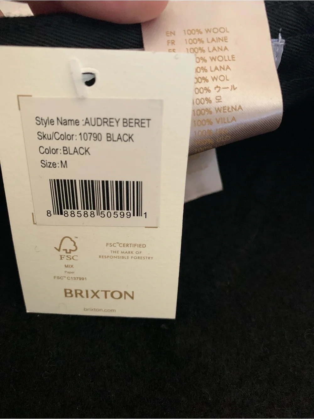 Brixton Audrey Beret Black Wool Hat Women’s Medium NWT Parisian